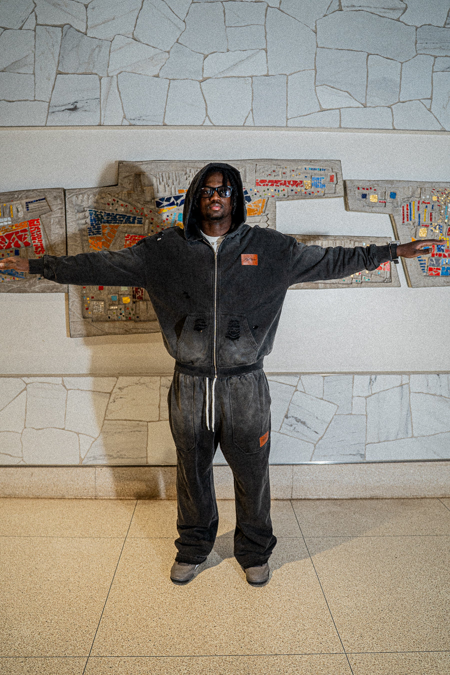 Distressed “Black CAT” fade wash sweatsuit. SIZE L