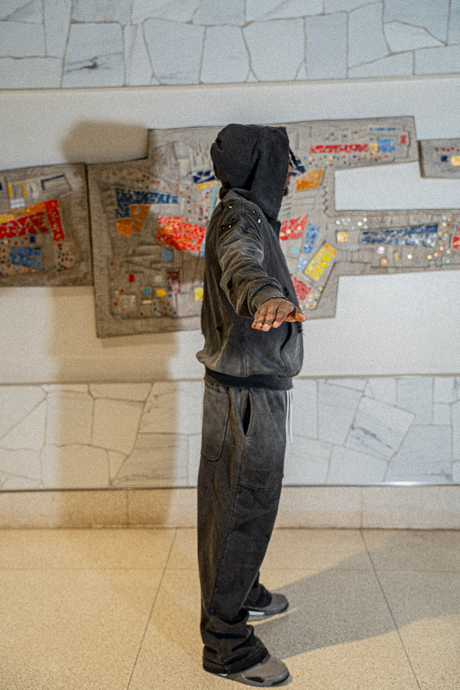 Distressed “Black CAT” fade wash sweatsuit. SIZE L
