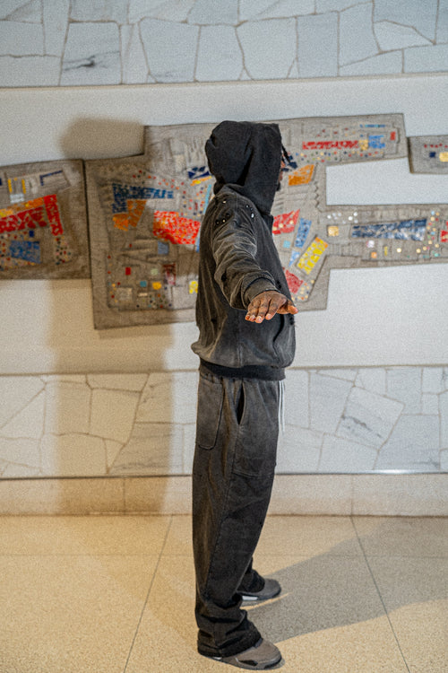 Distressed “Black CAT” fade wash sweatsuit. SIZE L