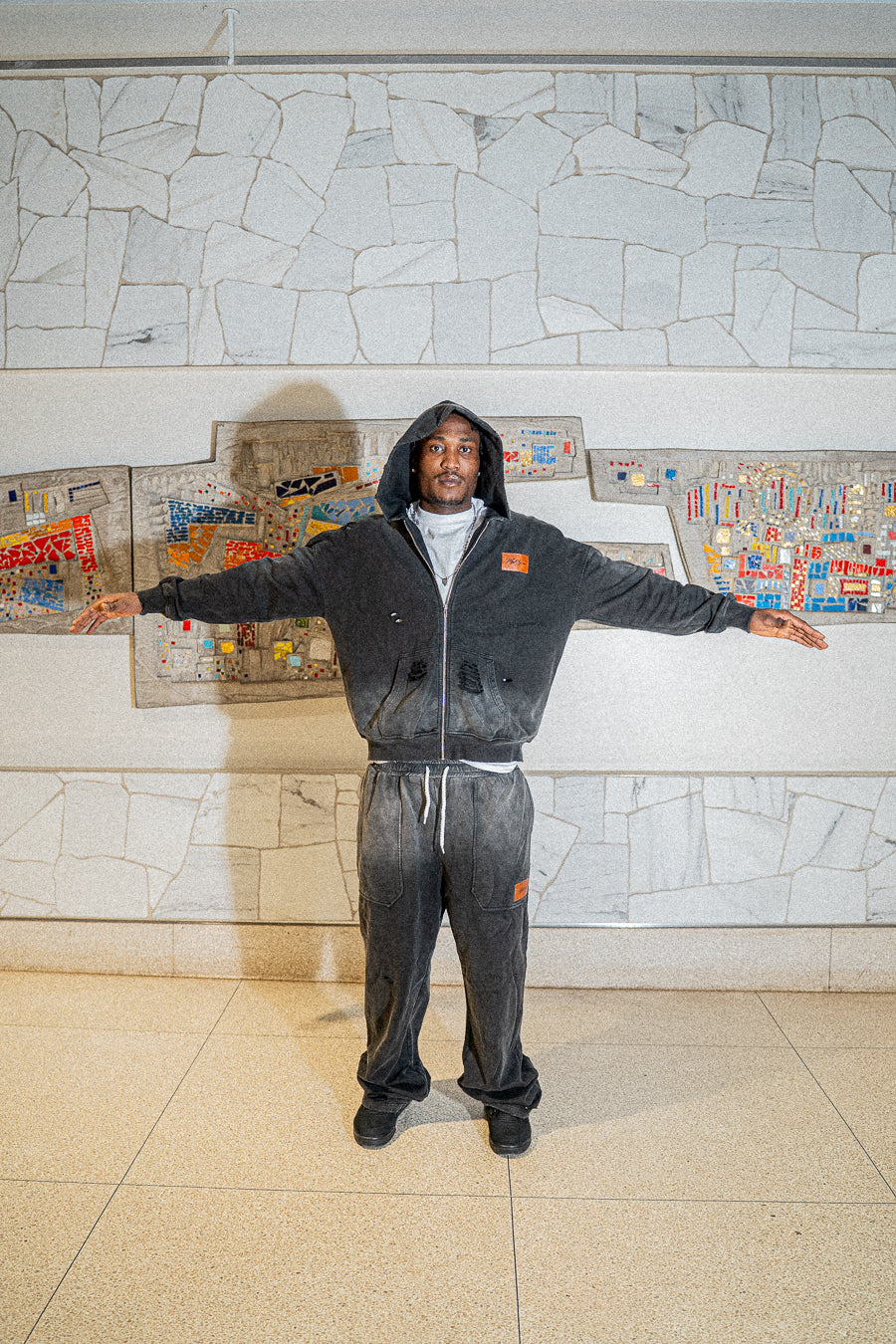 Distressed “Black CAT” fade wash sweatsuit. EXTRA LARGE