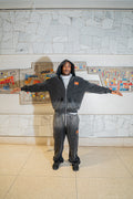 Distressed “Black CAT” fade wash sweatsuit. EXTRA LARGE