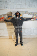 Distressed “Black CAT” fade wash sweatsuit. Size MEDIUM