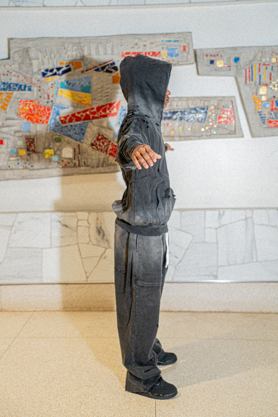 Distressed “Black CAT” fade wash sweatsuit. Size SMALL