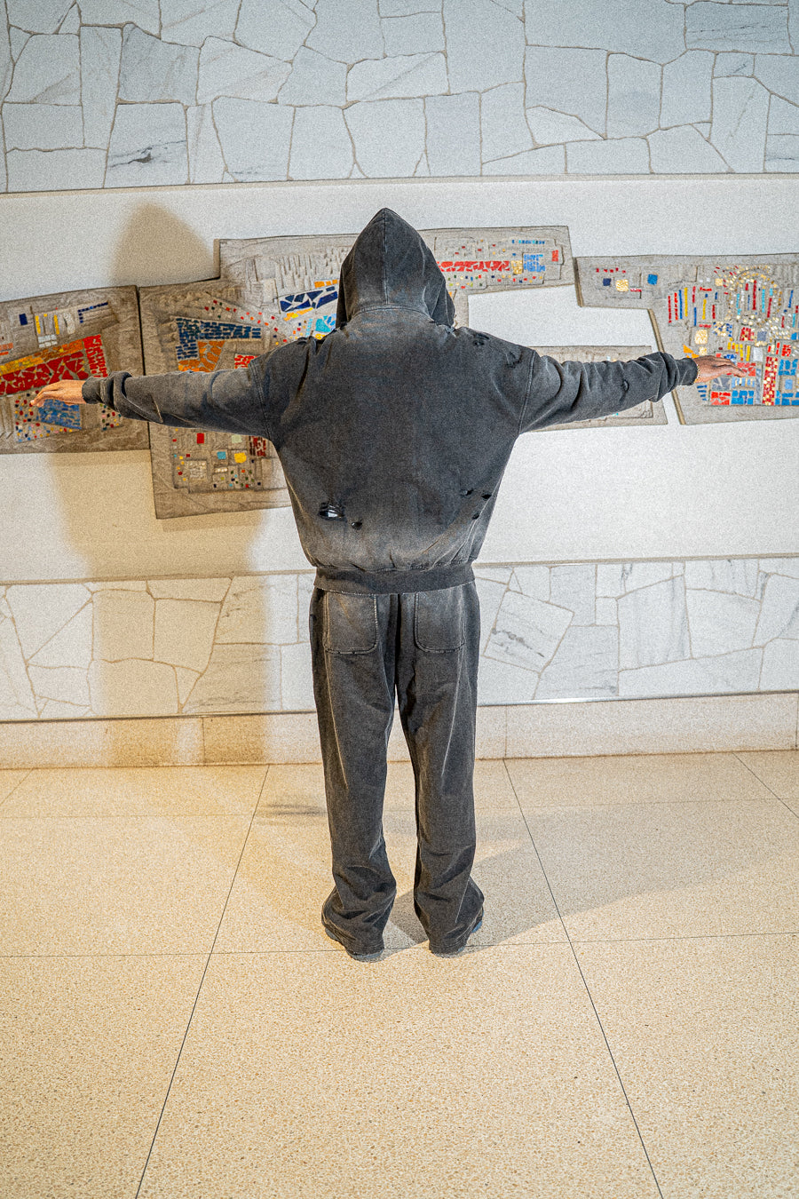 Distressed “Black CAT” fade wash sweatsuit. Size SMALL