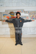 Distressed “Black CAT” fade wash sweatsuit. Size SMALL